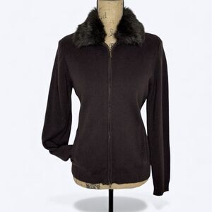 Chaps Lambswool Chocolate Brown Zip Cardigan Sz M Faux Fur Quiet Luxury Preppy